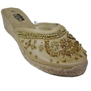 Route 66 Women's Gold Espadrilles Beaded Sequin Travel Vacation Shoes Sz 9